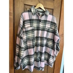 Davi & Dani Plaid Fleece Button Down Jacket Pink Green Coatigan Shacket Womens L